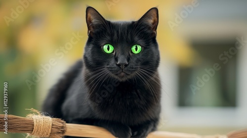 Bewitching gaze black cat with green eyes. photo