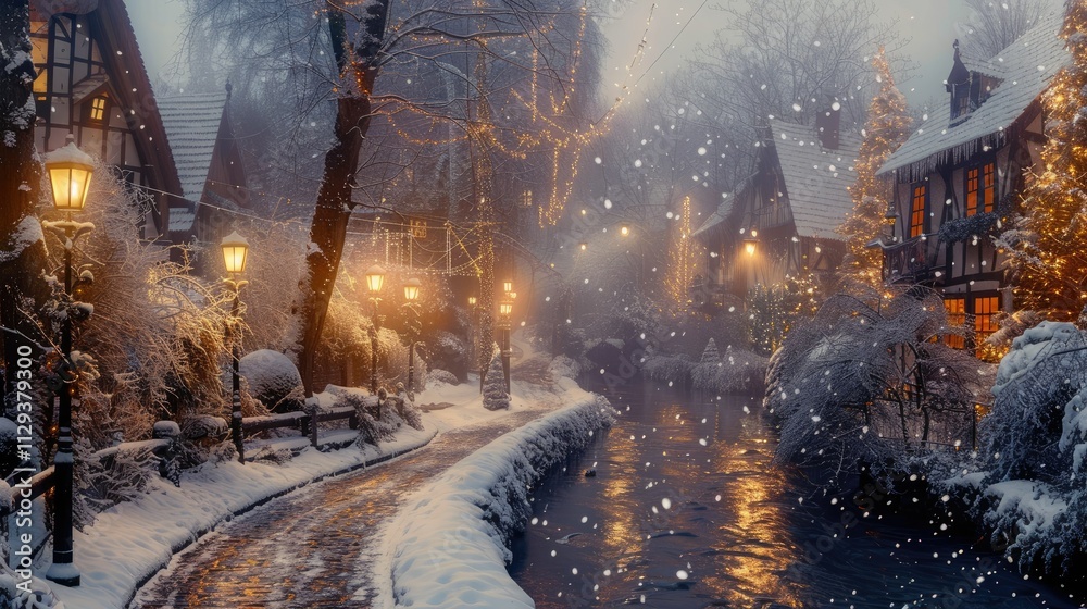 A snowy street in the evening