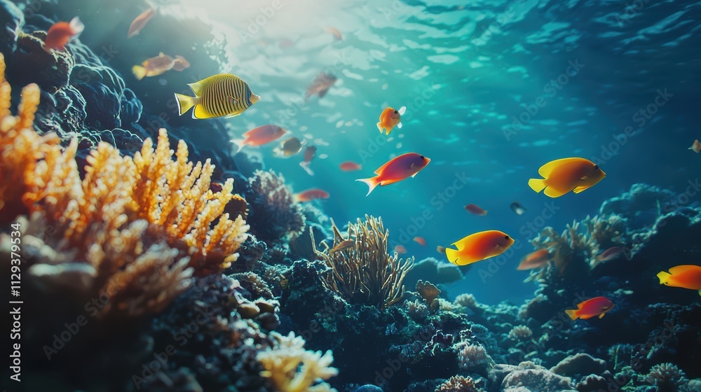 A vibrant underwater scene featuring colorful fish swimming among coral reefs, illuminated by sunlight filtering through the water. A vibrant underwater scene featuring colorful fish swimming among coral reefs, illuminated by sunlight filtering through the water.