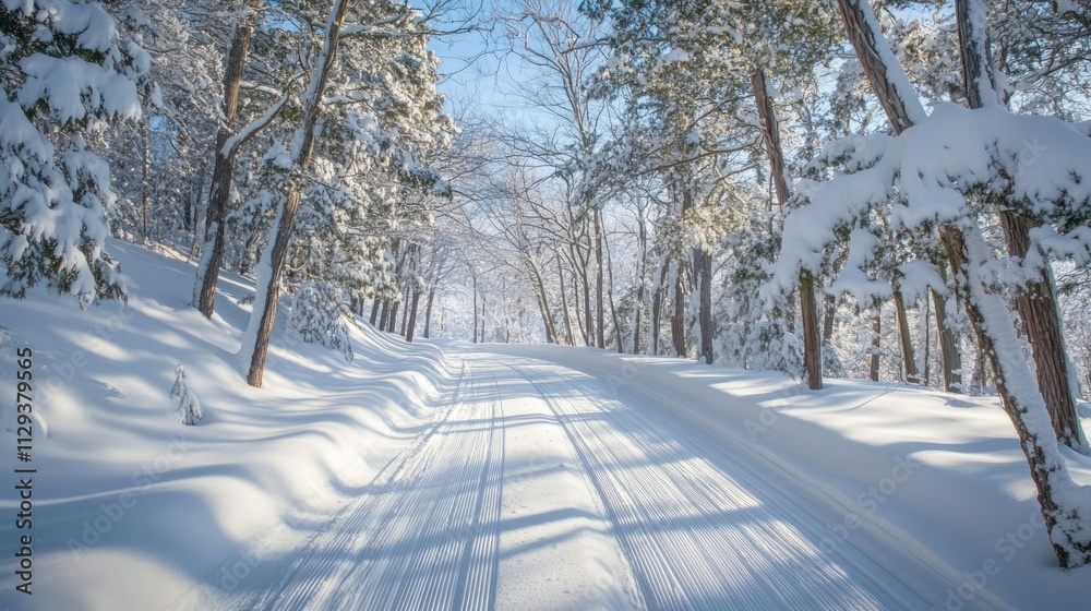 Obraz premium A Snowy Path Through a Forest of Snow-Covered Trees