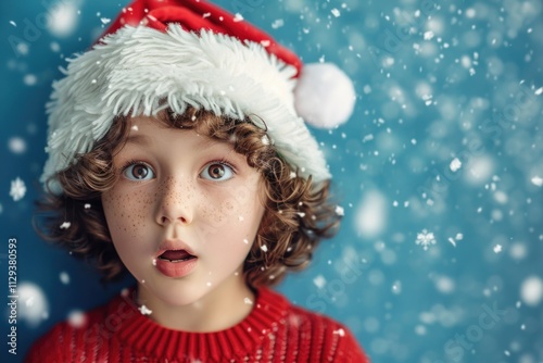 A young boy playing in the snow while wearing a Santa hat, perfect for winter themed illustrations and holiday season designs photo