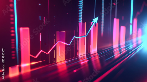 Bright neon financial growth chart depicting increase in business metrics and market trends in a futuristic setting