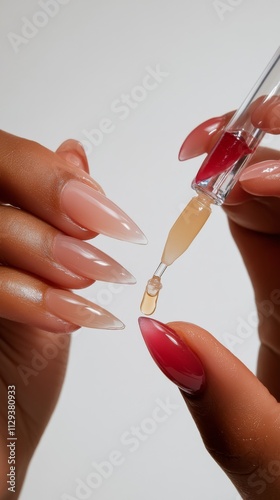 Nail art process showcasing manicure techniques with glossy nail polish and applicator
