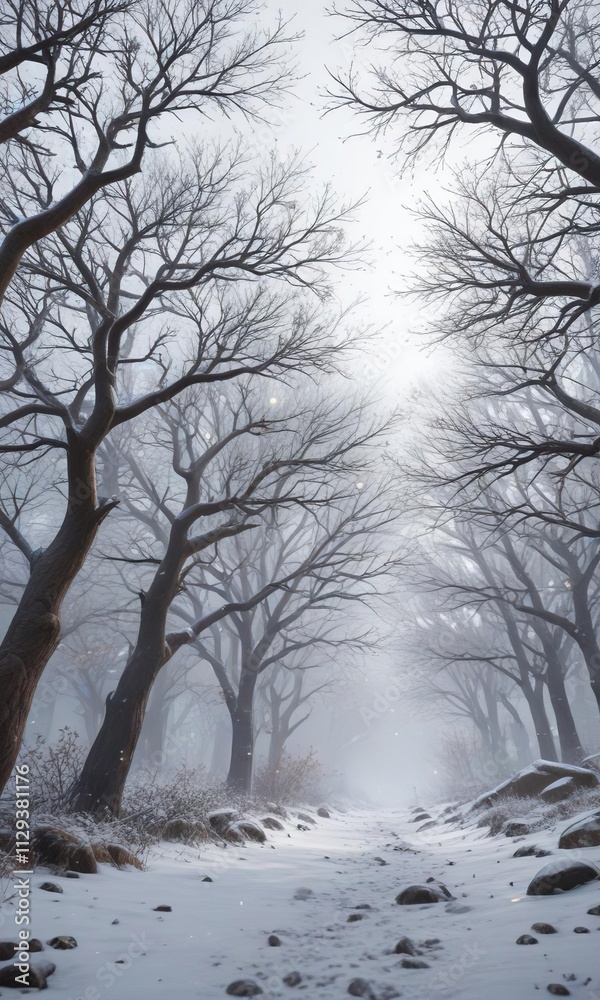 The tree's branches stretch towards the sky amidst falling snowflakes, snowfall scene, frosty branches, forest scenery The tree's branches stretch towards the sky amidst falling snowflakes, snowfall scene, frosty branches, forest scenery