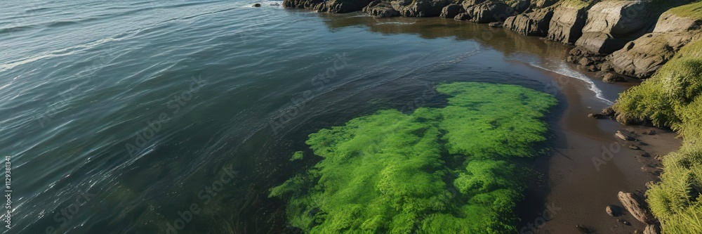 Thick, bright green algae coating Black Sea shoreline, coastal, wet Thick, bright green algae coating Black Sea shoreline, coastal, wet
