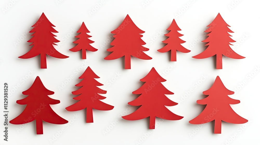 A collection of red paper Christmas tree decorations is displayed on a white background. The varied sizes create a cheerful holiday atmosphere, perfect for festive decor ideas and crafting A collection of red paper Christmas tree decorations is displayed on a white background. The varied sizes create a cheerful holiday atmosphere, perfect for festive decor ideas and crafting