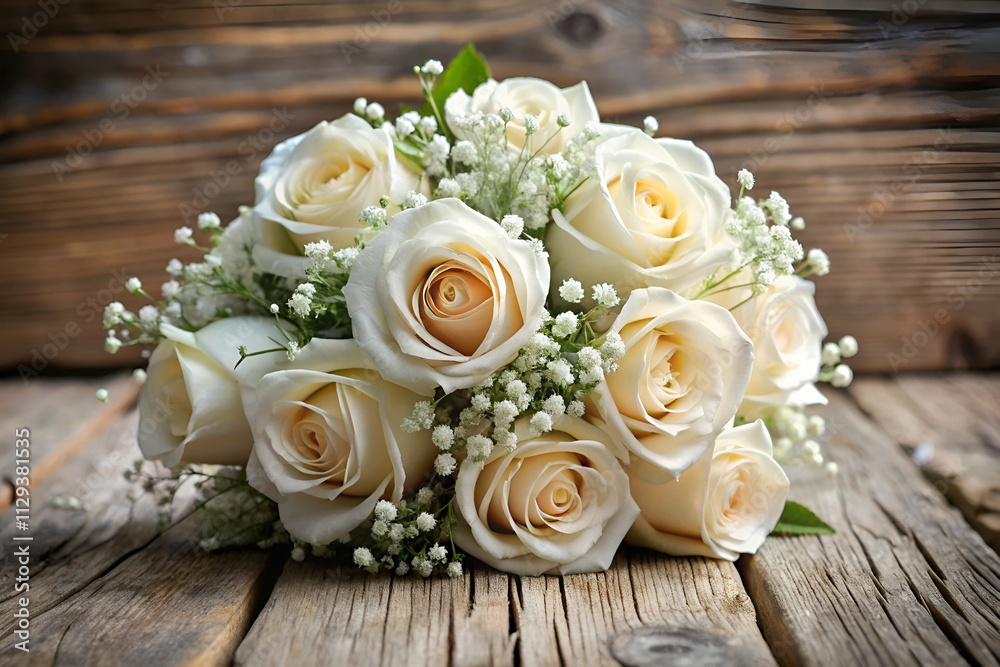 A bouquet of soft cream roses surrounded by delicate baby's breath on a rustic wooden surface. A bouquet of soft cream roses surrounded by delicate baby's breath on a rustic wooden surface.