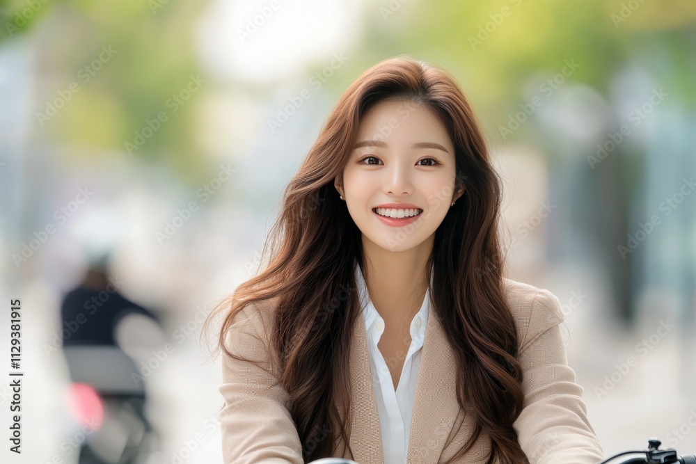 Smiling young woman enjoying a sunny day while riding a bicycle in an urban setting Smiling young woman enjoying a sunny day while riding a bicycle in an urban setting