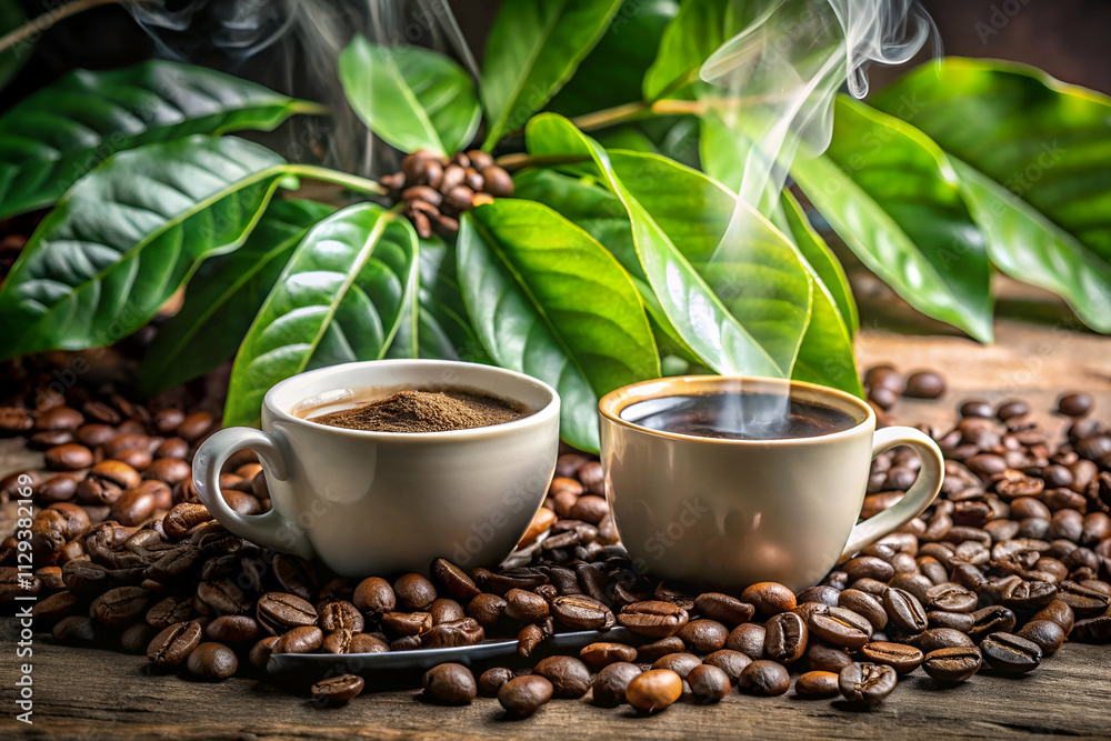 Two steaming coffee cups sit on a bed of coffee beans, surrounded by lush green leaves, creating a warm and inviting atmosphere. Two steaming coffee cups sit on a bed of coffee beans, surrounded by lush green leaves, creating a warm and inviting atmosphere.