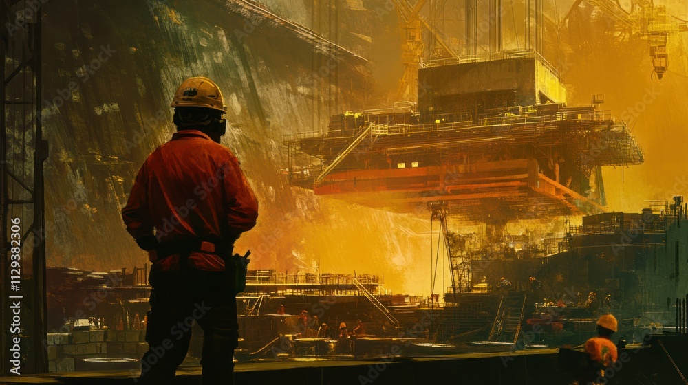 A Construction Worker Gazes at a Massive Industrial Structure A Construction Worker Gazes at a Massive Industrial Structure
