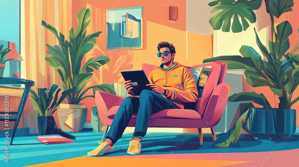 Man relaxing in armchair, using tablet, surrounded by plants. Man relaxing in armchair, using tablet, surrounded by plants.