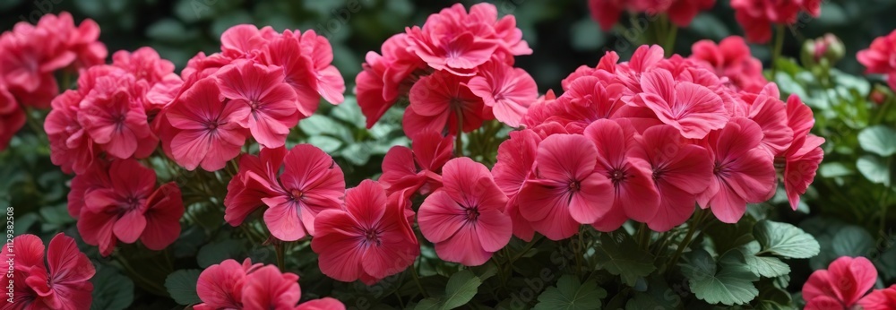 Vibrant geranium flowers with bright red pink petals and green foliage, verdant foliage, blooming flowers
