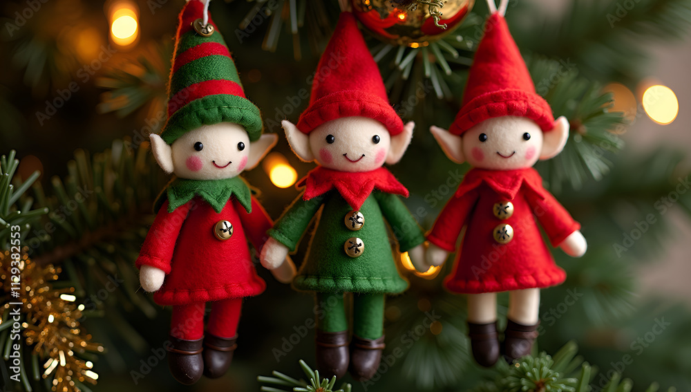 Cheery Fabric Elves Hanging on Evergreen Branches Cheery Fabric Elves Hanging on Evergreen Branches