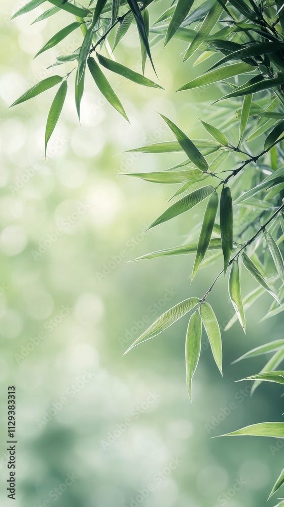 Naklejka premium Lush green bamboo leaves framing a serene natural background in soft light