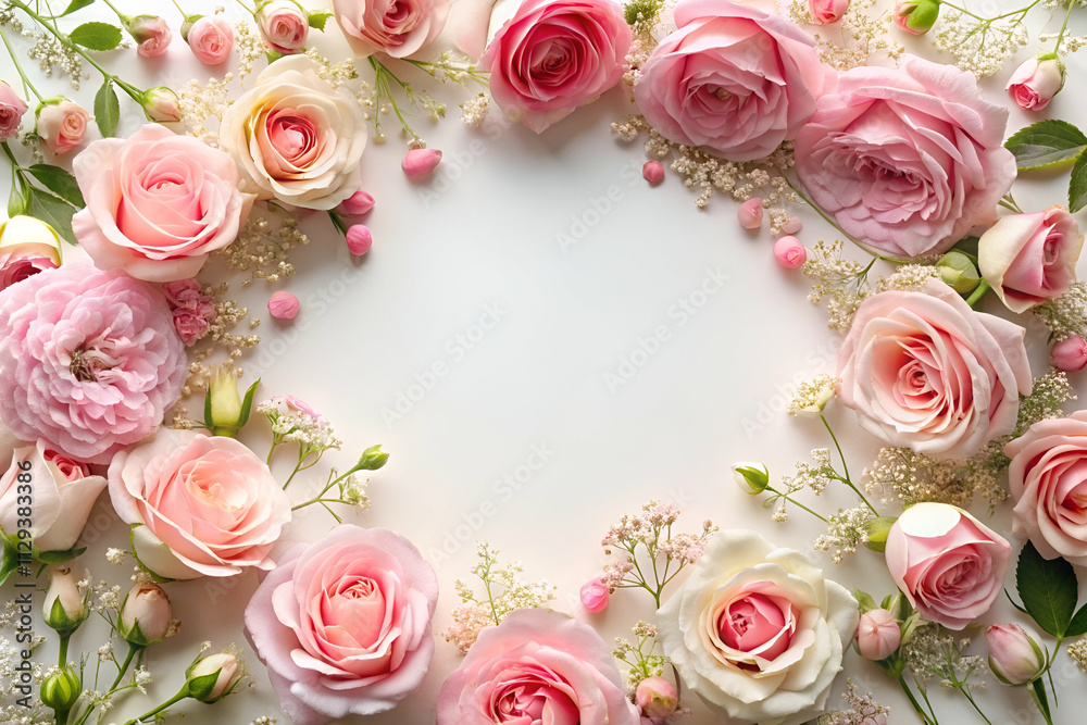 A beautiful arrangement of pink roses and delicate flowers framing a blank space, perfect for invitations or greeting cards. A beautiful arrangement of pink roses and delicate flowers framing a blank space, perfect for invitations or greeting cards.