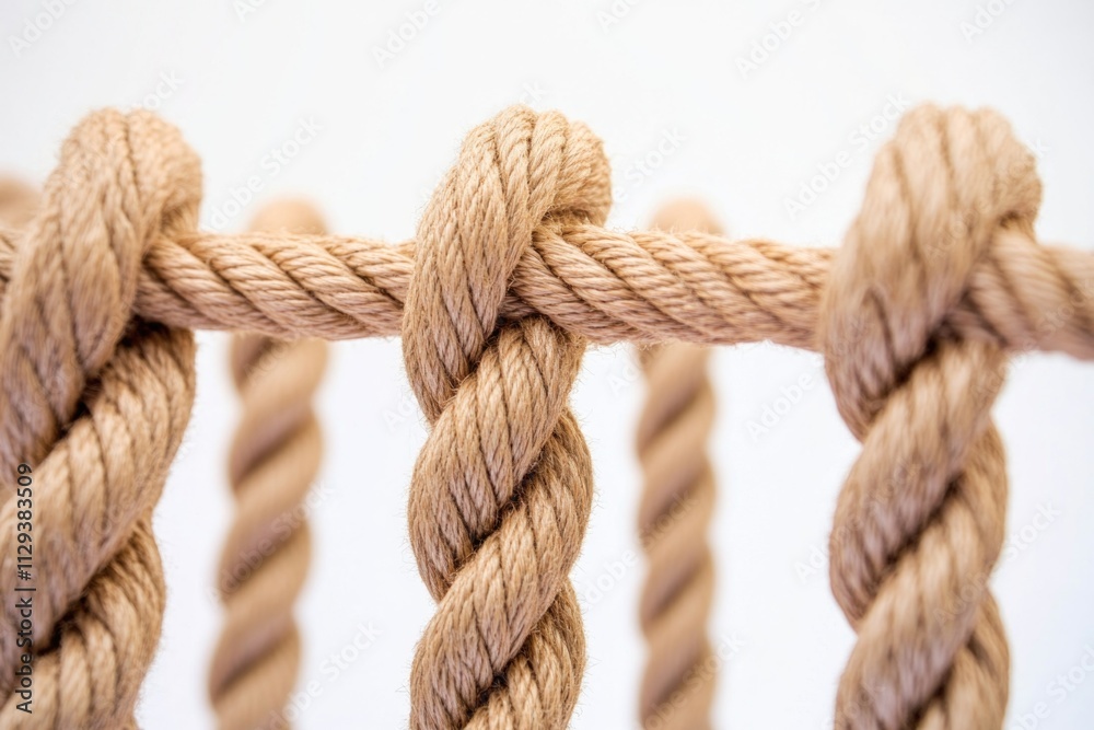 Close-up view of a rope on a white background, useful for graphic designs or as a texture Close-up view of a rope on a white background, useful for graphic designs or as a texture