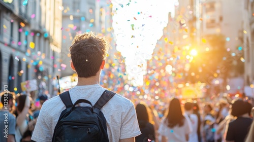 Young Man in a Crowd Looking Up at Confetti and Sunlight in the City
