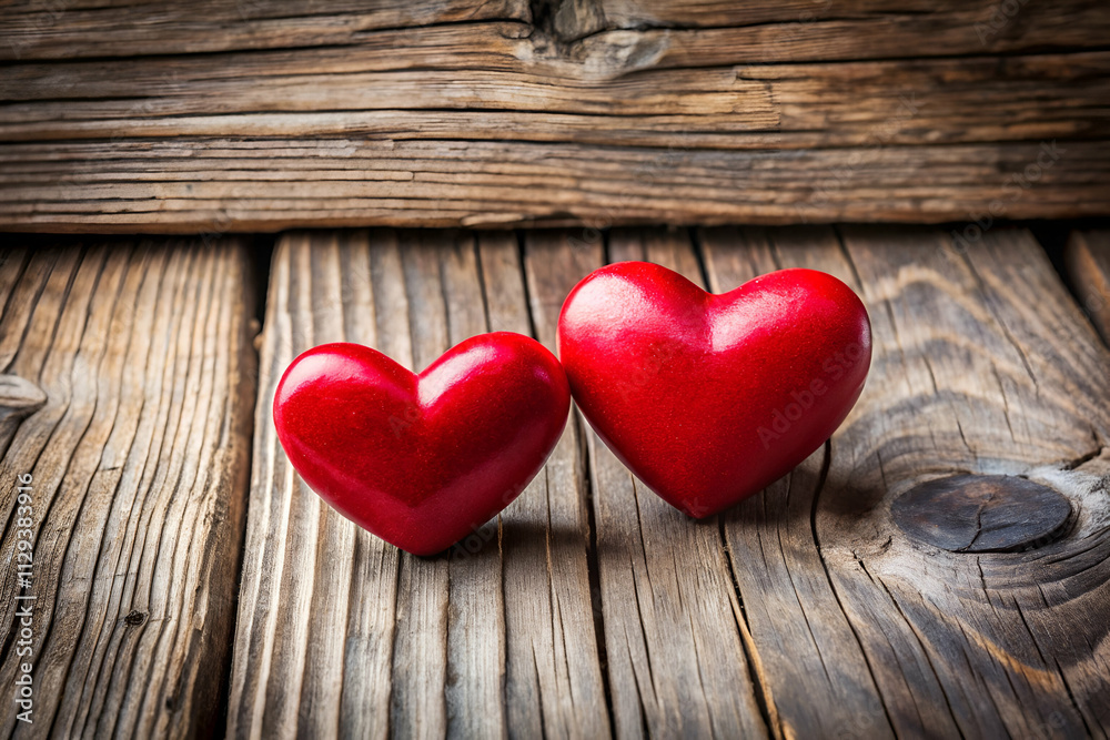 Two red heart shapes resting on a rustic wooden surface, symbolizing love and affection. Two red heart shapes resting on a rustic wooden surface, symbolizing love and affection.