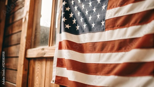 American flag on rustic wooden background, patriotic events design. photo