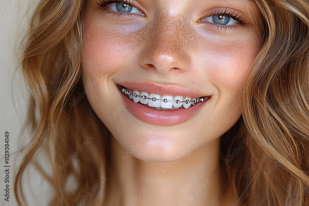 A close-up of a smiling woman confidently displaying braces on her teeth, with clean and bright lighting that highlights her dental health and symbolizes confidence.
A close-up of a smiling woman confidently displaying braces on her teeth, with clean and bright lighting that highlights her dental health and symbolizes confidence.