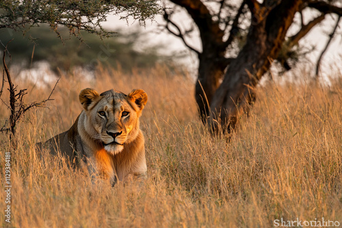 Lioness resting in the golden grass of the savanna during sunset with an acacia tree in the background photo