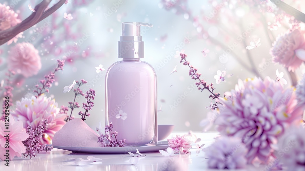 Luxurious Pink Lotion Bottle in a Floral Setting. Luxurious Pink Lotion Bottle in a Floral Setting.