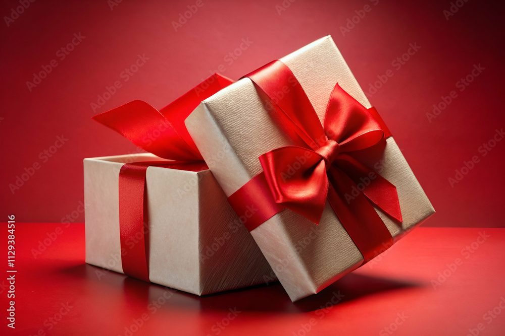 Two elegantly wrapped gift boxes with red ribbons on a vibrant red background, conveying a festive and celebratory mood. Two elegantly wrapped gift boxes with red ribbons on a vibrant red background, conveying a festive and celebratory mood.