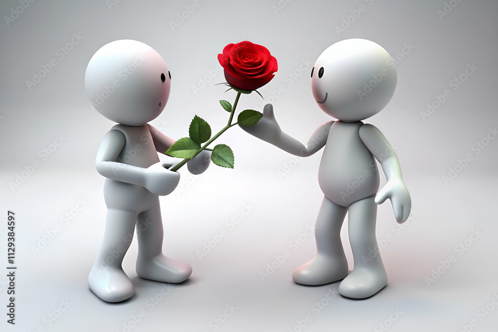 Two cartoon figures exchange a rose, symbolizing love and affection in a playful, minimalist style against a soft background. Two cartoon figures exchange a rose, symbolizing love and affection in a playful, minimalist style against a soft background.