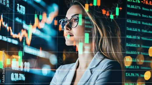 A professional businesswoman with a focused expression is standing in front of a digital projection displaying real time stock market data
