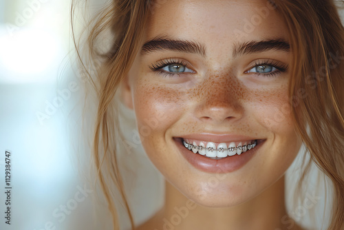 A close-up of a smiling woman confidently displaying braces on her teeth, with clean and bright lighting that highlights her dental health and symbolizes confidence.