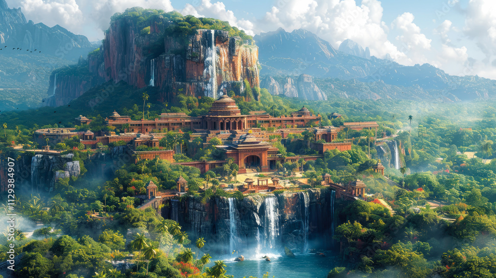 Fototapeta premium Majestic Ancient City with Waterfalls and Mountains 
