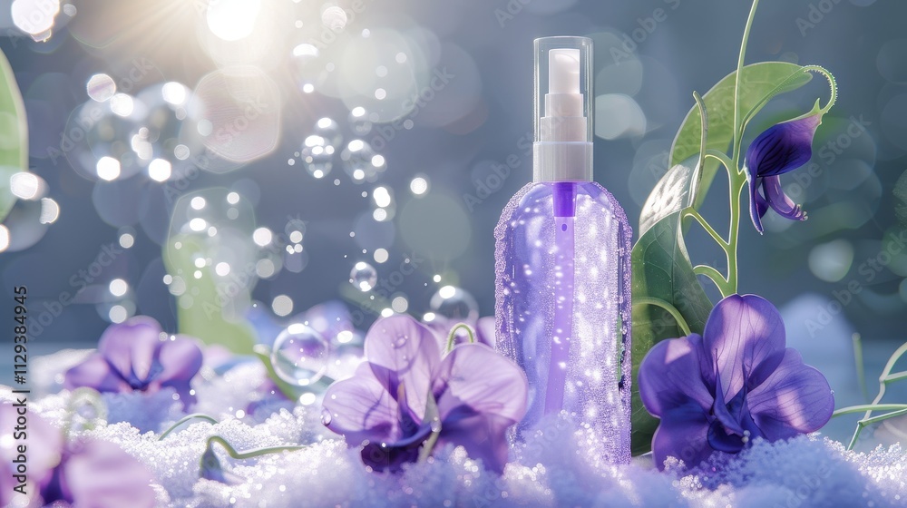 Lavender Spray Bottle with Flowers in Snow. Lavender Spray Bottle with Flowers in Snow.