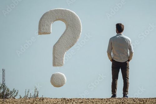 A person stands in front of a large white question mark, contemplating