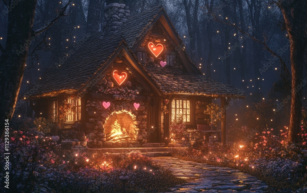 Fototapeta premium A cozy cabin in the woods with a glowing fireplace and heart-shaped decorations for valentines day