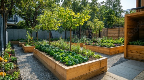 An edible garden with espaliered apple trees, raised beds of kale and spinach, and a wooden compost bin photo