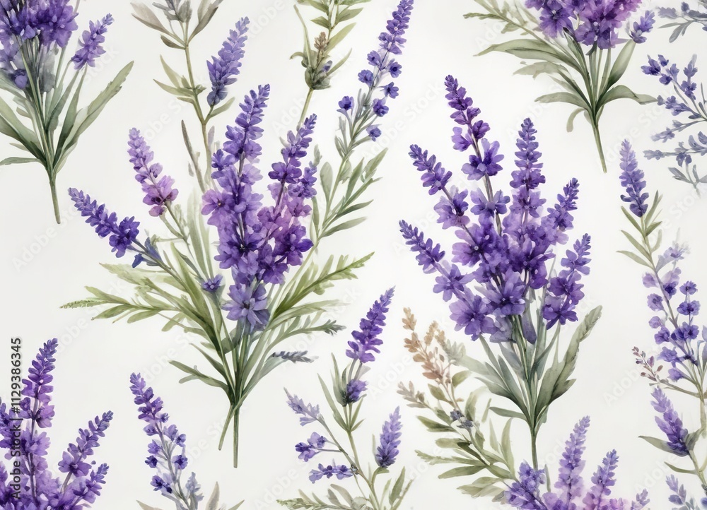 Obraz premium Watercolor bouquet of lavender, lilac, and violet flowers on plain white background, delicate, elegant, purple flowers, botanical