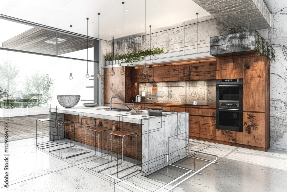 A modern kitchen with a spacious island and appliances A modern kitchen with a spacious island and appliances