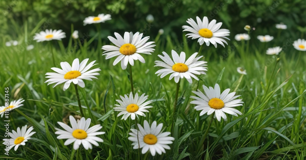 Obraz premium Watercolor daisies with green grass background, colorful, closeup