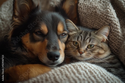 Two pets cuddled up together on a cozy blanket