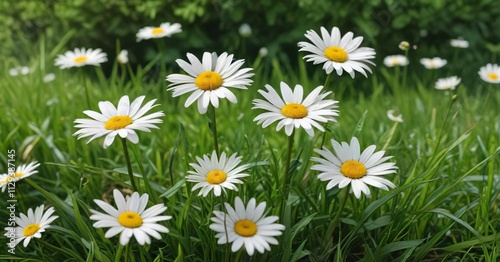 Watercolor daisies with green grass background, colorful, closeup