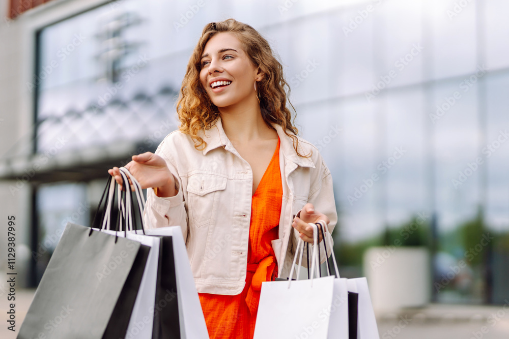Portrait of pretty young woman walking down with shopping bags on city street. Black friday. Winter holidays. Sale, purchases. Portrait of pretty young woman walking down with shopping bags on city street. Black friday. Winter holidays. Sale, purchases.