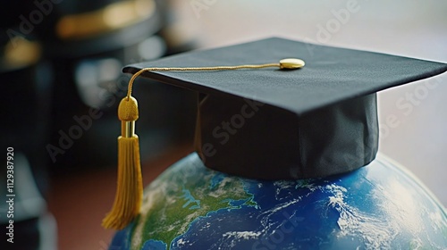 A graduation cap resting on the surface of a globe photo