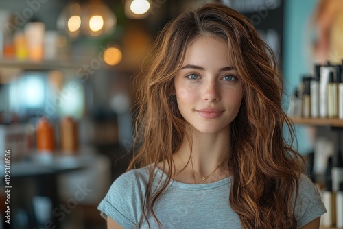 Wallpaper Mural A beautiful young woman stands in front of a counter, ready for service Torontodigital.ca