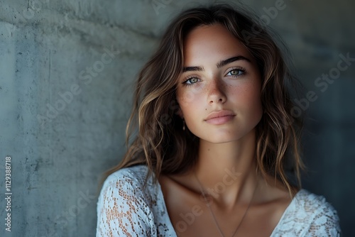 Young Woman Neutral Expression Closeup Long Hair