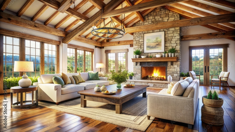 Cozy white sofa anchors a modern farmhouse living room, fireplace adding warmth, tilt-shift enhancing the charming interior. Cozy white sofa anchors a modern farmhouse living room, fireplace adding warmth, tilt-shift enhancing the charming interior.