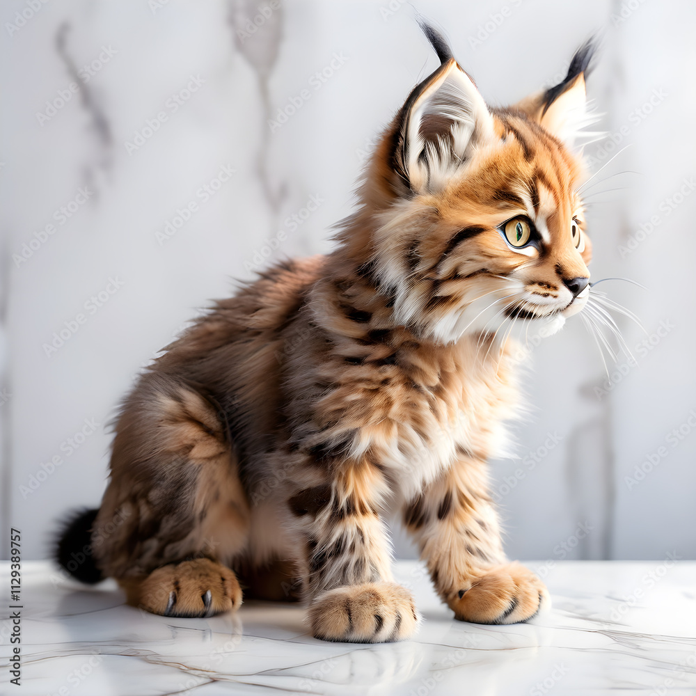 Obraz premium A cute faux fur lynx toy sits on a white marble table