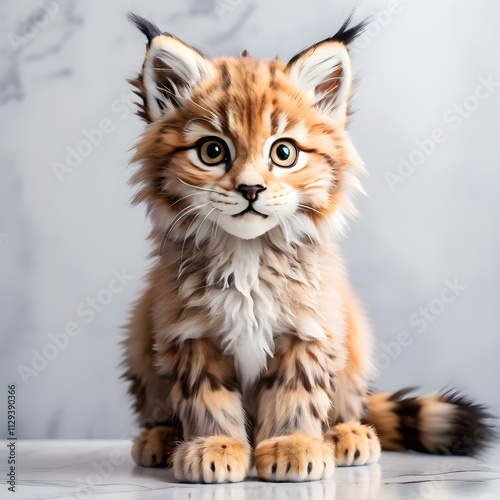 A cute faux fur lynx toy sits on a white marble table