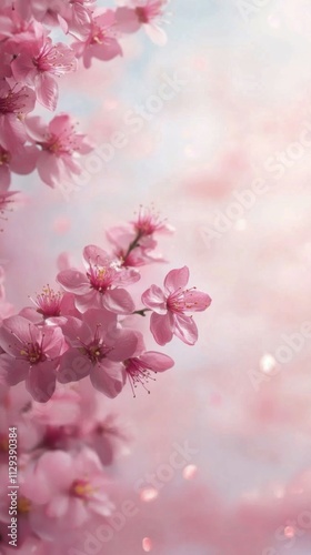 Cherry blossom branches bloom gently under soft blue sky in springtime