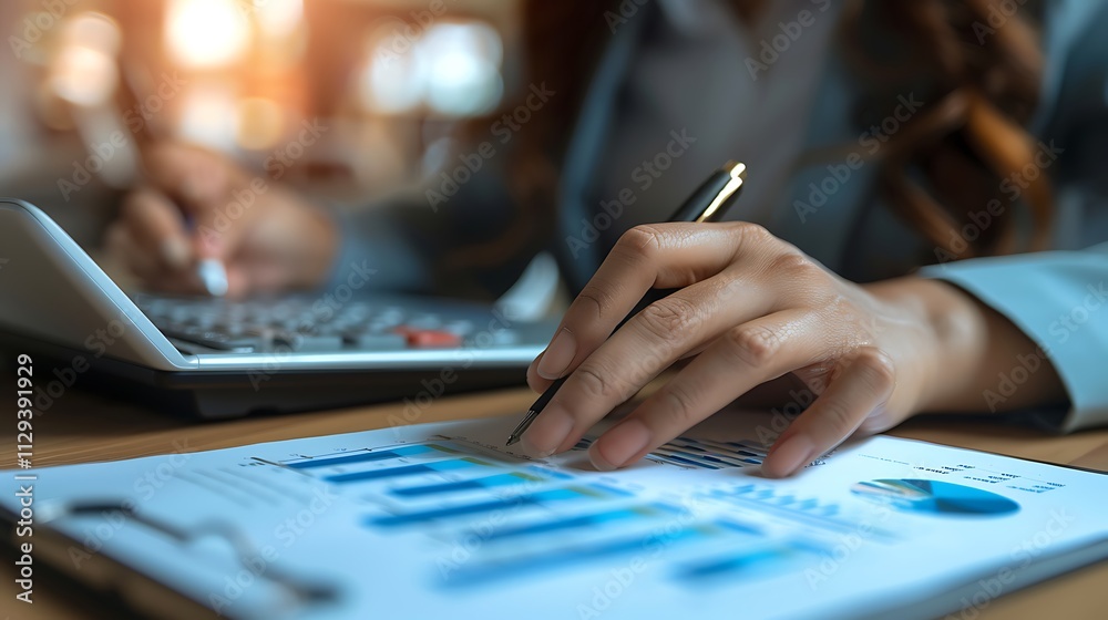 Accountant calculating profit with financial analysis graphs Accountant calculating profit with financial analysis graphs