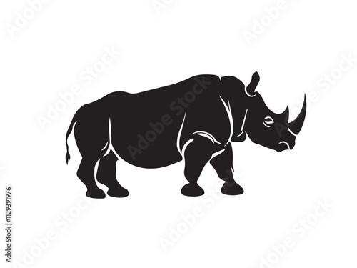 Wild black Rhino Silhouette on white background. Black and white rhino vector silhouette. Animal Silhouette. Vector illustration. 